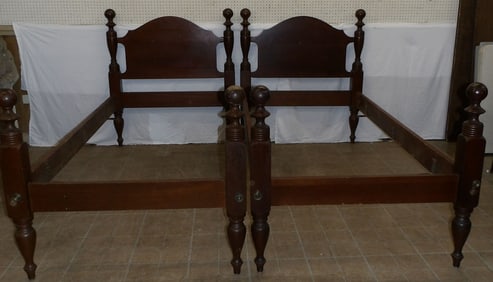 pair of mahogany cannonball twin beds with bolts and rails