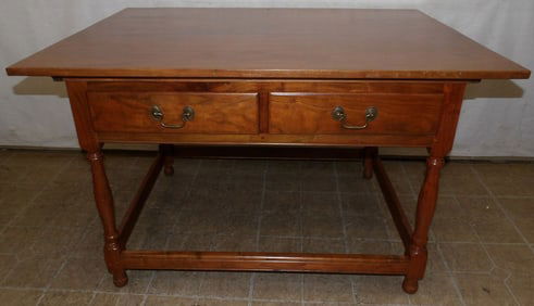 walnut stretcher base tavern table with two drawers
