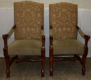 pair of cherry and upholstered arm chairs
