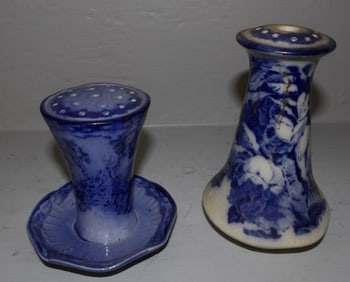 2 antique blue and white porcelain Victorian hat pin holders