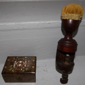 walnut Victorian pin cushion and small burled walnut and mother of pearl inlay dresser box