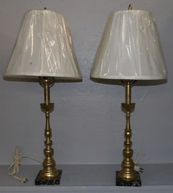 pair of brass candlestick lamps with marble base