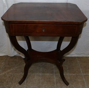19th century mahogany leaf top sewing stand with fitted interior