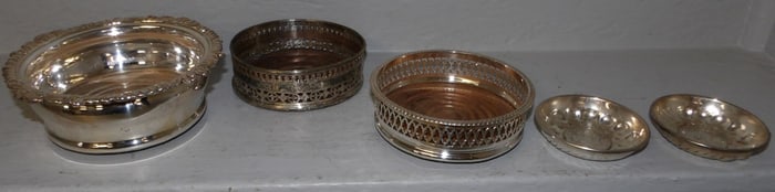 3 Sheffield wine coasters and 2 silver plated bowls