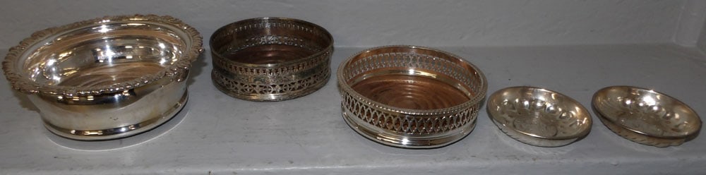 3 Sheffield wine coasters and 2 silver plated bowls: 3 Sheffield wine coasters and 2 silver plated bowls. Up to 6 1/2" H "ALL DESCRIPTIONS AND ANY CONDITION STATEMENT GIVEN BY LANGSTON AUCTION GALLERY ARE STRICTLY OPINIONS AND LANGSTON'S SHALL HAVE NO R