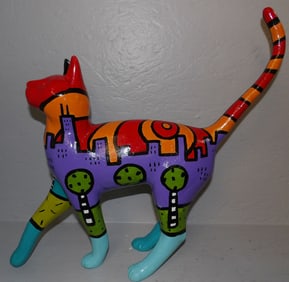 painted carved wood life size cat signed by artist