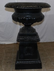 antique painted cast iron urn on pedestal base