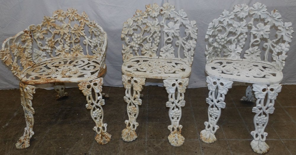 3 painted cast iron chairs: 3 painted cast iron chairs . Up to 26" H "ALL DESCRIPTIONS AND ANY CONDITION STATEMENT GIVEN BY LANGSTON AUCTION GALLERY ARE STRICTLY OPINIONS AND LANGSTON'S SHALL HAVE NO RESPONSIBILITY FOR ERRORS OR