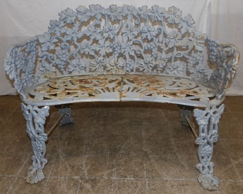 antique painted cast iron chair and bench
