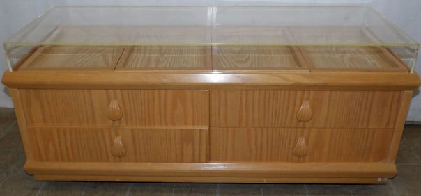 mid century modern oak and acrylic showcase top low chest