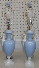 pair of painted porcelain urn lamps