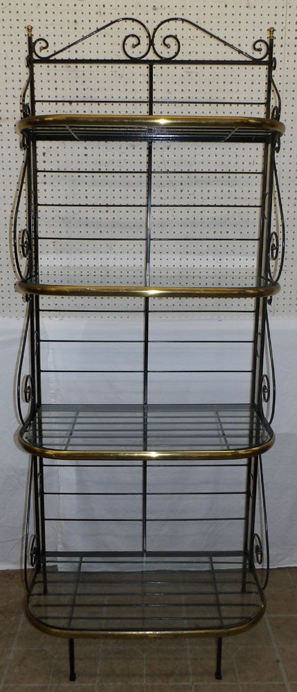 painted wrought iron brass and glass shelf Baker's rack (1 of 5)