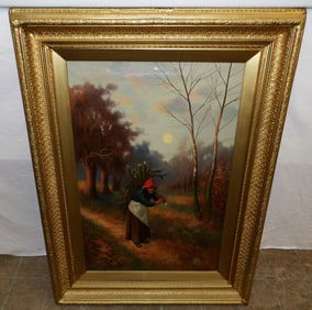 antique gilded frame oil on canvas of old lady carrying firewood signed by the artist