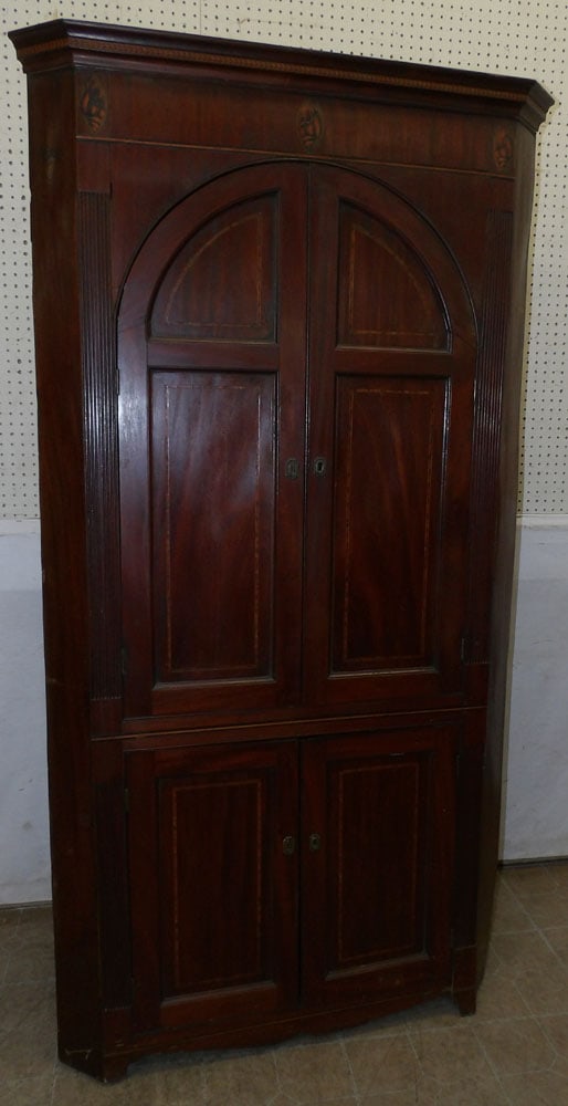 19th century English mahogany shell inlay blind door corner cabinet (1 of 8)