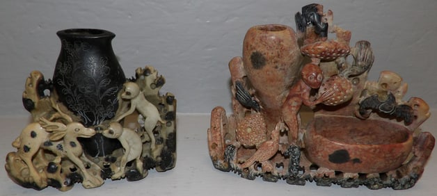 2 Chinese carved soapstone vases