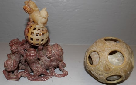 Chinese carved soapstone ball and foo dog