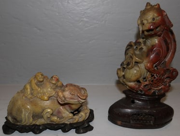 Chinese carved soapstone water buffalo and foo dog