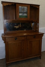 antique Mission oak two piece hutch with leaded glass door