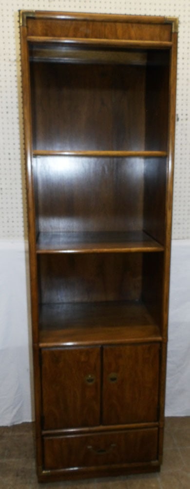 Mid Century Modern walnut and brass open top cabinet by Drexel: Mid Century Modern walnut and brass open top cabinet by Drexel . 23 1/2" W 19 1/4" D 79 3/4" H "ALL DESCRIPTIONS AND ANY CONDITION STATEMENT GIVEN BY LANGSTON AUCTION GALLERY ARE STRICTLY OPINIONS AND
