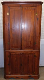 antique 2 piece heart pine blind door corner cabinet