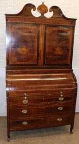 19th century 2 piece inlaid secretary with tooled leather interior