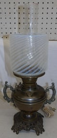 antique brass oil lamp with opalescent glass shade