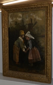 19th century framed oil on canvas Dutch children playing signed by artist
