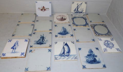 lot of antique hand painted tiles