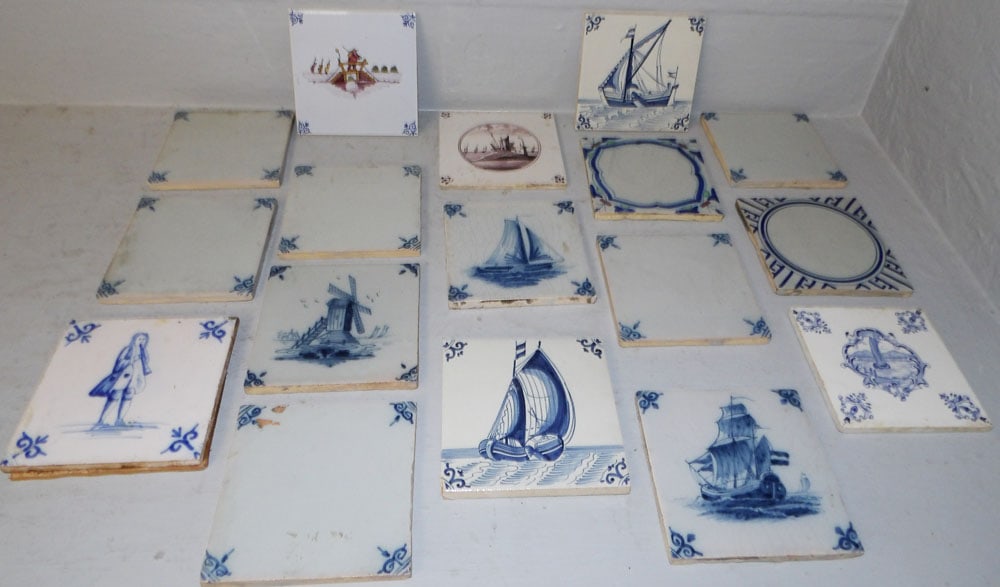 lot of antique hand painted tiles: lot of antique hand painted tiles. Up to 5" Dia. "ALL DESCRIPTIONS AND ANY CONDITION STATEMENT GIVEN BY LANGSTON AUCTION GALLERY ARE STRICTLY OPINIONS AND LANGSTON'S SHALL HAVE NO RESPONSIBILITY FOR E