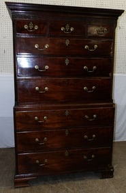 19th century mahogany 2 piece English chest on chest, (As Is)