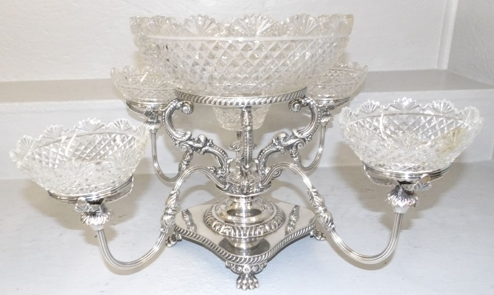 Antique Sheffield Epergne with Anglo Irish Cut Bowls: Antique Sheffield Epergne with Anglo Irish Cut Bowls . 21" Dia. 12" H "ALL DESCRIPTIONS AND ANY CONDITION STATEMENT GIVEN BY LANGSTON AUCTION GALLERY ARE STRICTLY OPINIONS AND LANGSTON'S SHALL HAVE NO