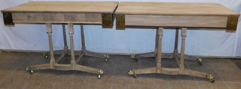 pair of 19th century bleach mahogany consoles with brass accents: pair of 19th century bleach mahogany consoles with brass accents. 47 L24 1/2 W30 3/4H "ALL DESCRIPTIONS AND ANY CONDITION STATEMENT GIVEN BY LANGSTON AUCTION GALLERY ARE STRICTLY OPINIONS AND LANGSTON