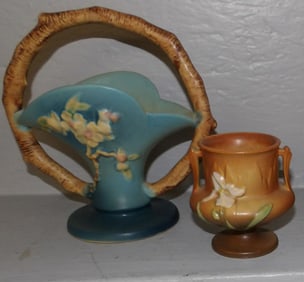 Roseville Pottery Apple Blossom Basket & Iris Vase