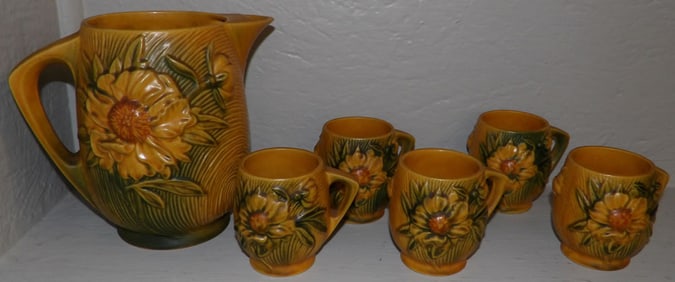 Six Piece Roseville Pottery Peony Lemonade Pitcher & Mugs