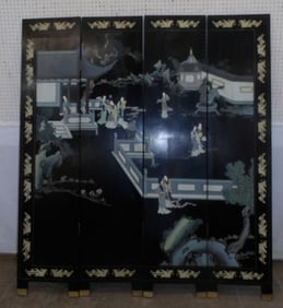Oriental black lacquered four panel room divider