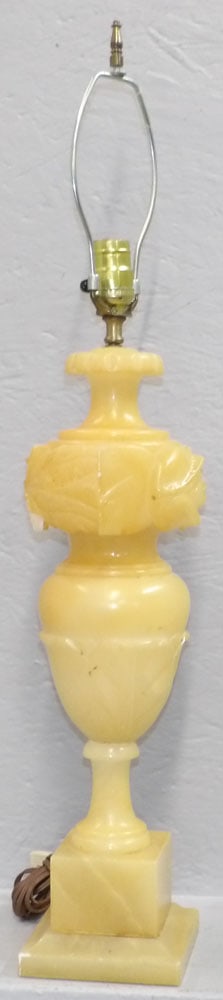 carved Alabaster lamp: carved Alabaster lamp . 31" H "ALL DESCRIPTIONS AND ANY CONDITION STATEMENT GIVEN BY LANGSTON AUCTION GALLERY ARE STRICTLY OPINIONS AND LANGSTON'S SHALL HAVE NO RESPONSIBILITY FOR ERRORS OR OMISSIONS.