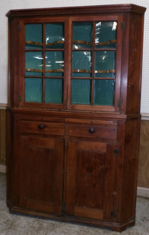 19th century walnut 2 piece 12 panel glass door corner cabinet with pull out slide (1 of 7)