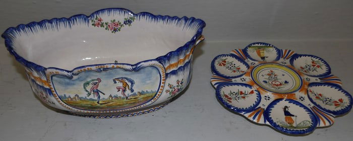 Polychrome jardiniere and Quimper oyster plate