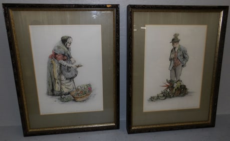 2 framed colored block prints pencil signed