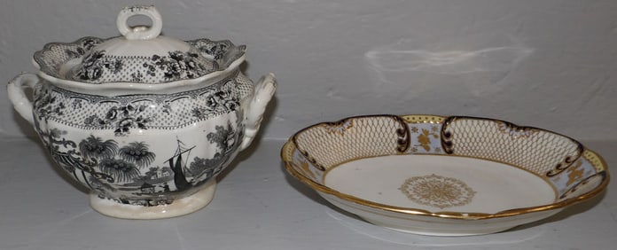 black transfer cover dish and antique English porcelain bowl