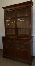 antique oak two piece glass door cabinet