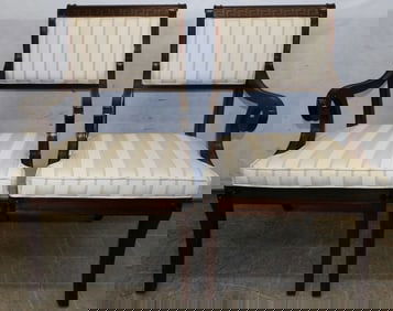 pair of cherry and upholstered arm chairs by Baker