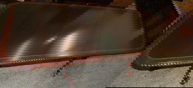 mahogany banded top two pedestal dining table with one leaf and ball and claw feet