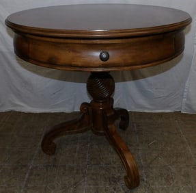 cherry and burled walnut banded top drum table with one drawer