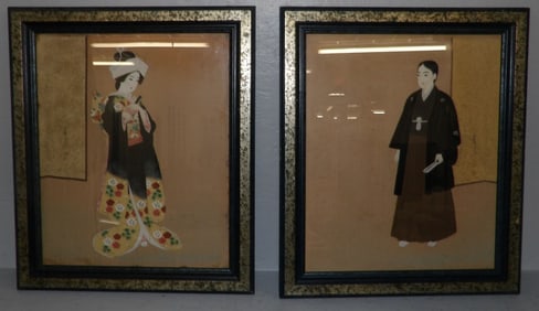 pair of framed watercolors on silk of Oriental ladies signed with character marks