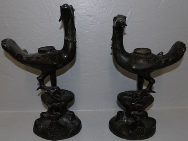 pair of Oriental bronze pheasant candlesticks