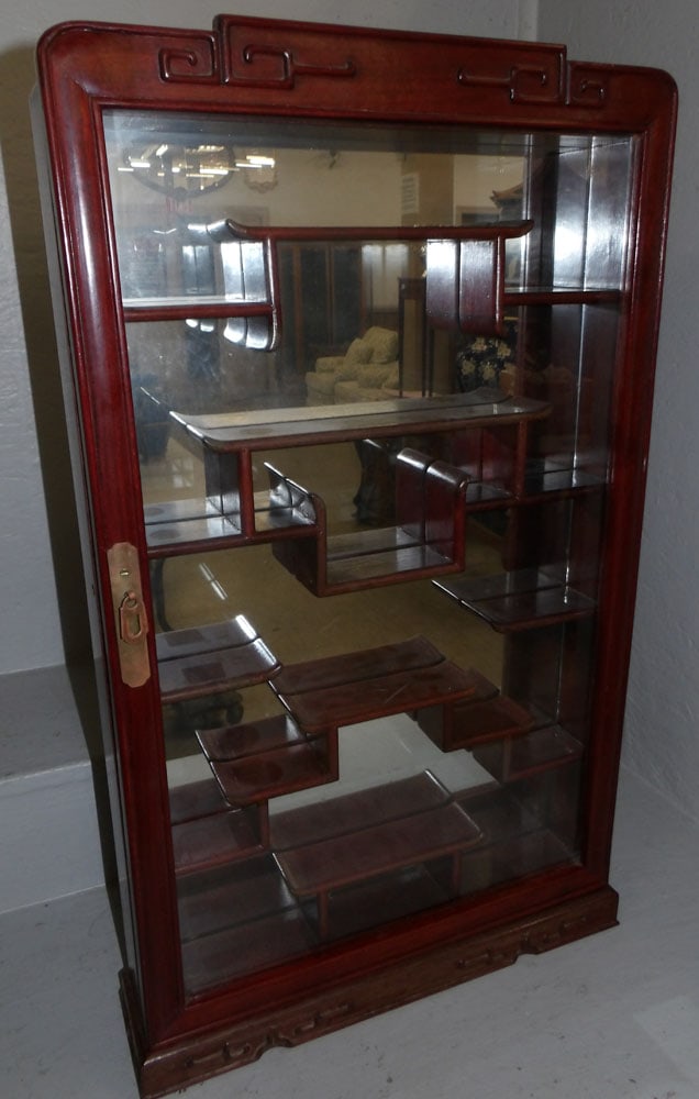 Oriental rosewood and mirror back wall hanging cabinet with glass door (1 of 5)