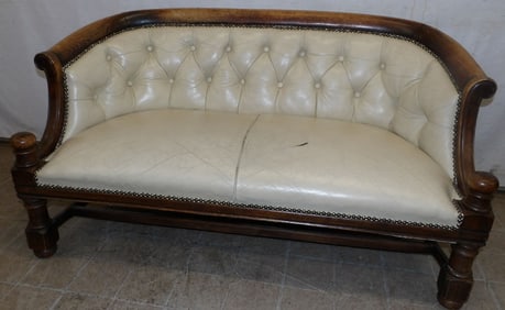 leather button & tufted back upholstered sofa in oak frame