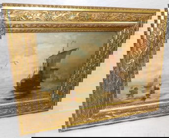 antique framed oil on canvas of a ship dock scene