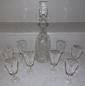 Waterford crystal decanter and 8 wines